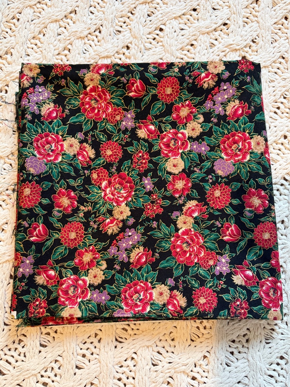 Cotton Fabric - Floral & Black Pattern - 1 Metre x 1 Metre Square